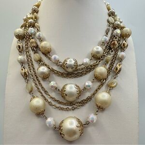 Vintage Gold Tone Multi-Strand Pearl Bead Statement Necklace